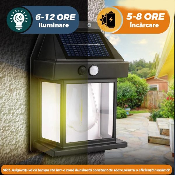 Lampă Solară LED de Perete Tip Felinar Iluminat Exterior cu Senzor de Mișcare 8m, 3 Moduri Inteligente de lumina, Rezistență IP65, Fără Fir, Ideală pentru Curte și Grădină - imagine 2