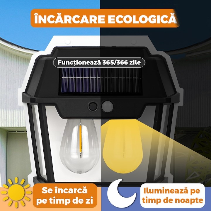 Lampă Solară LED de Perete Tip Felinar 2 Becuri, Iluminat Exterior cu Senzor de Mișcare 8m, 3 Moduri Inteligente de lumina, IP65, Fără Fir, Ideală pentru Curte și Grădină - imagine 3
