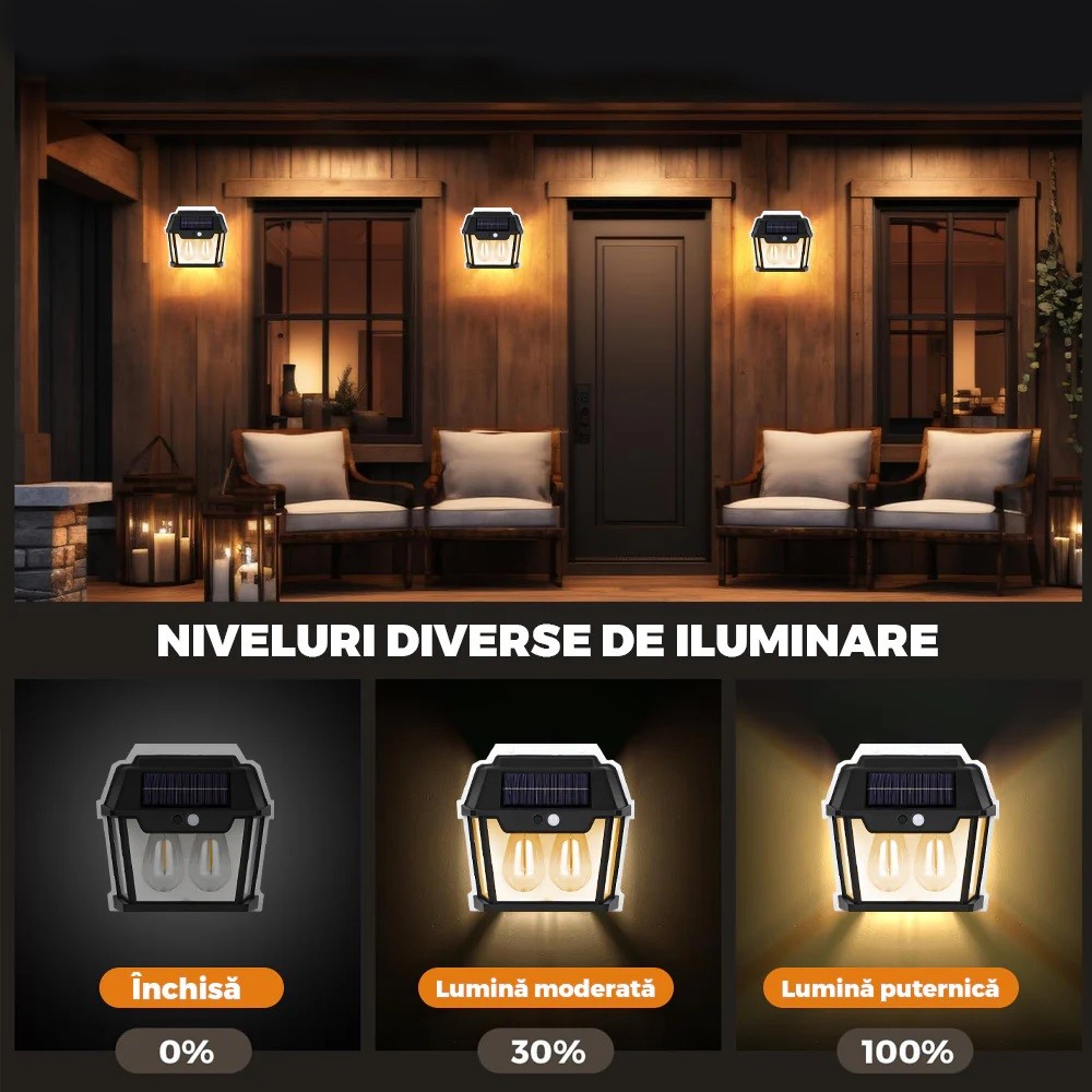 Lampă Solară LED de Perete Tip Felinar 2 Becuri, Iluminat Exterior cu Senzor de Mișcare 8m, 3 Moduri Inteligente de lumina, IP65, Fără Fir, Ideală pentru Curte și Grădină - imagine 5