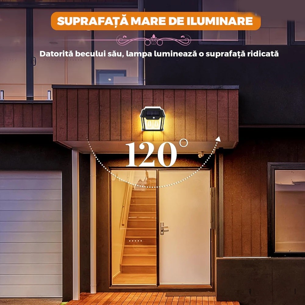 Lampă Solară LED de Perete Tip Felinar 2 Becuri, Iluminat Exterior cu Senzor de Mișcare 8m, 3 Moduri Inteligente de lumina, IP65, Fără Fir, Ideală pentru Curte și Grădină - imagine 6