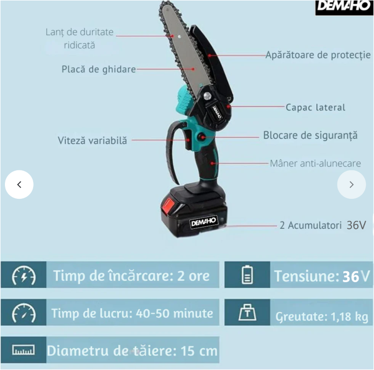 Mini Fierăstrău Electric cu Lanț 550W 2x Acumulatori 36V, 2x Lanțuri, Lamă 6 inch, Puternic și Portabil - imagine 5