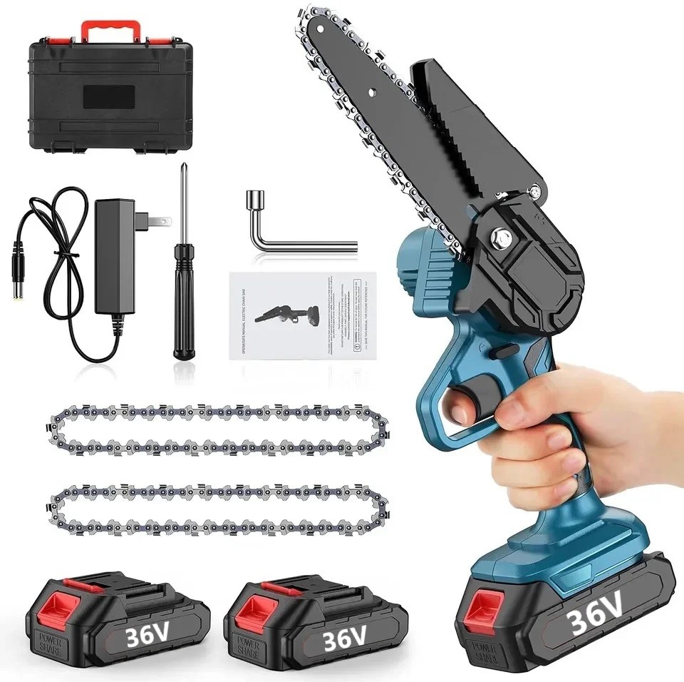 Mini Fierăstrău Electric cu Lanț 550W 2x Acumulatori 36V, 2x Lanțuri, Lamă 6 inch, Puternic și Portabil