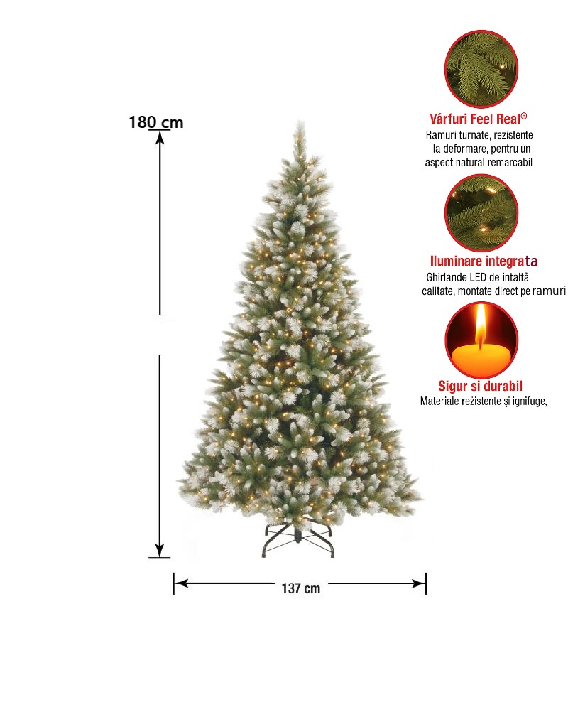 Brad Artificial de Craciun 180cm 3D Royal Premium, Varfuri albe, 550 Led-uri, Aspect Natural - imagine 3