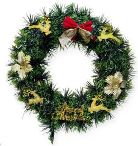 Coroană Decorativă Artificială de Crăciun 30x30 cm cu Reni Aurii, Fundă Roșie și Mesaj Merry Christmas, Decor Elegant pentru Ușă sau Perete