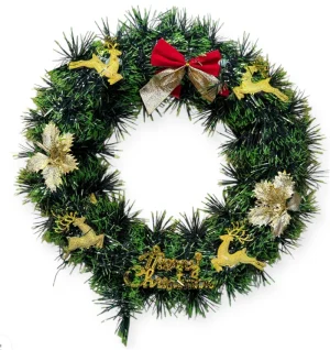 Coroană Decorativă Artificială de Crăciun 30x30 cm cu Reni Aurii, Fundă Roșie și Mesaj Merry Christmas, Decor Elegant pentru Ușă sau Perete