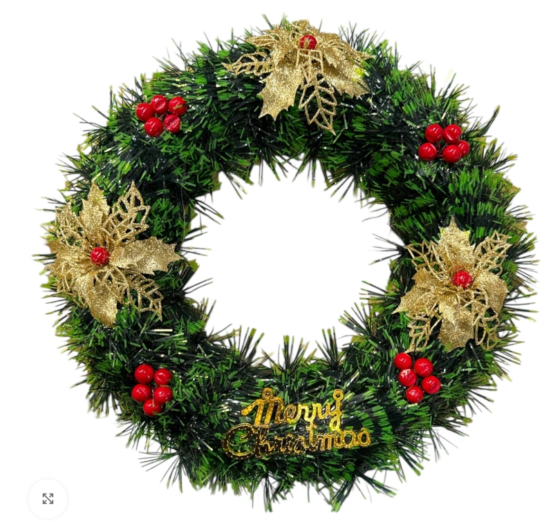 Coroană Decorativă Artificială de Crăciun 30x30 cm cu Flori Aurii și Fructe Roșii Merry Christmas, Elegantă pentru Ușă sau Perete - imagine 2