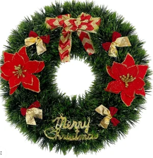 Coroană Decorativă Artificială de Crăciun 40x40 cm cu Flori Roșii Poinsettia și Funde Aurii  Merry Christmas