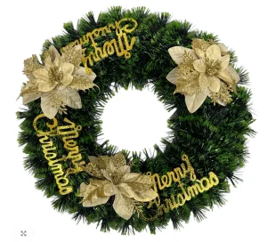 Coroană Decorativă Artificială de Crăciun 40x40 cm cu Flori Aurii și Mesaj, Merry Christmas, Elegantă pentru Ușă sau Perete