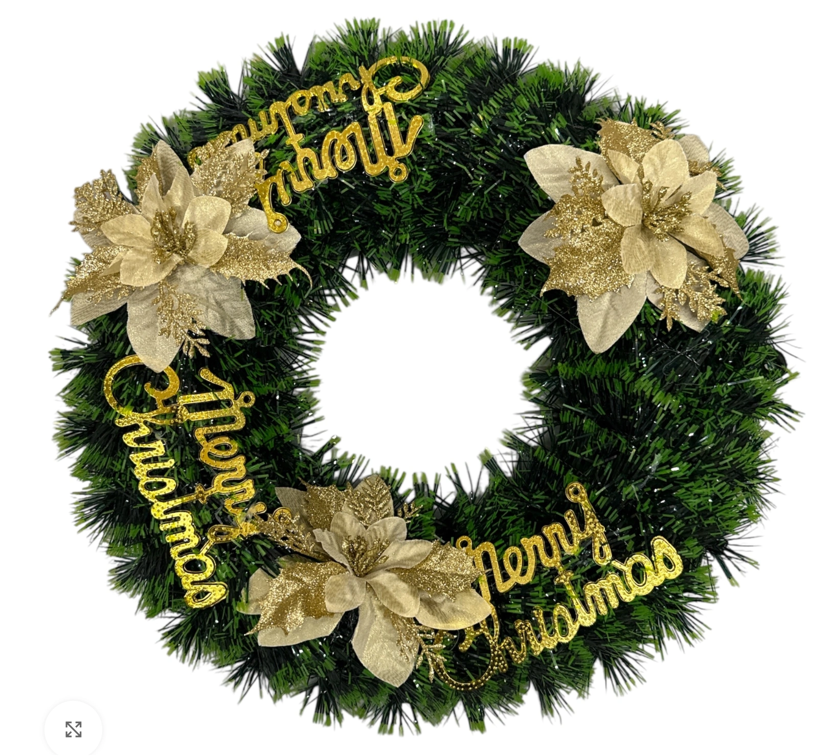 Coroană Decorativă Artificială de Crăciun 40x40 cm cu Flori Aurii și Mesaj, Merry Christmas, Elegantă pentru Ușă sau Perete