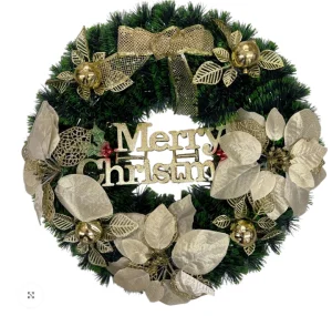 Coroană Decorativă de Crăciun 50x50 cm cu Accente Aurii și Mesaj Merry Christmas, Elegantă pentru Ușă sau Perete