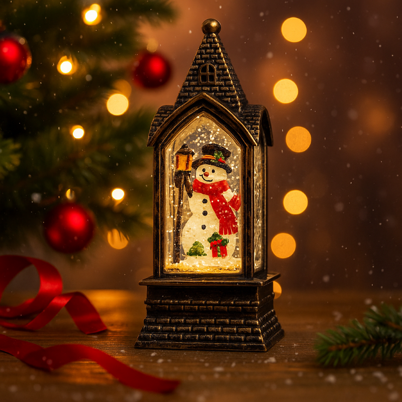 Felinar Crăciun LED cu Om de Zăpadă, decorațiune luminoasă cu zăpadă în mișcare și lumină caldă - imagine 2
