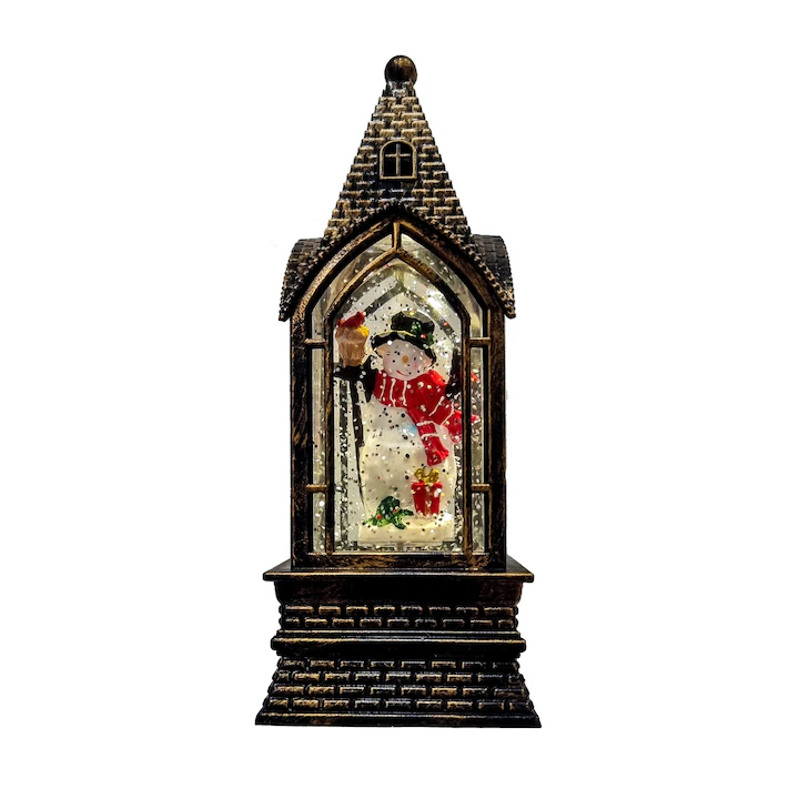 Felinar Crăciun LED cu Om de Zăpadă, decorațiune luminoasă cu zăpadă în mișcare și lumină caldă