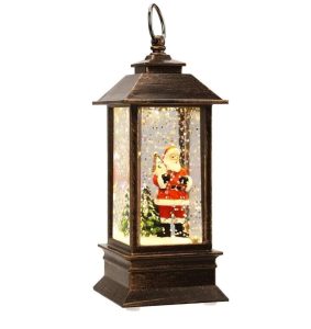 Felinar decorativ de Crăciun LED Lumina calda, cu Moș Crăciun şi efect de zăpadă