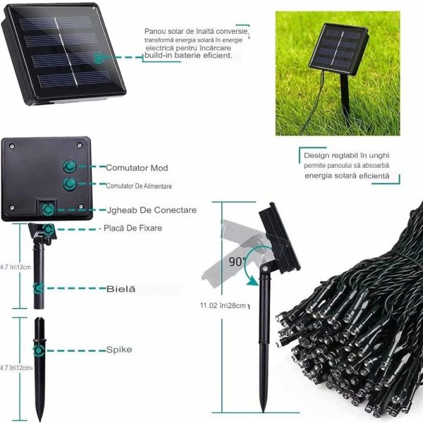 Instalație LED Crăciun 50M cu Panou Solar Lumini Multicolore RGB, 550 LED pentru Exterior și Interior, Rezistentă la Apă - imagine 5