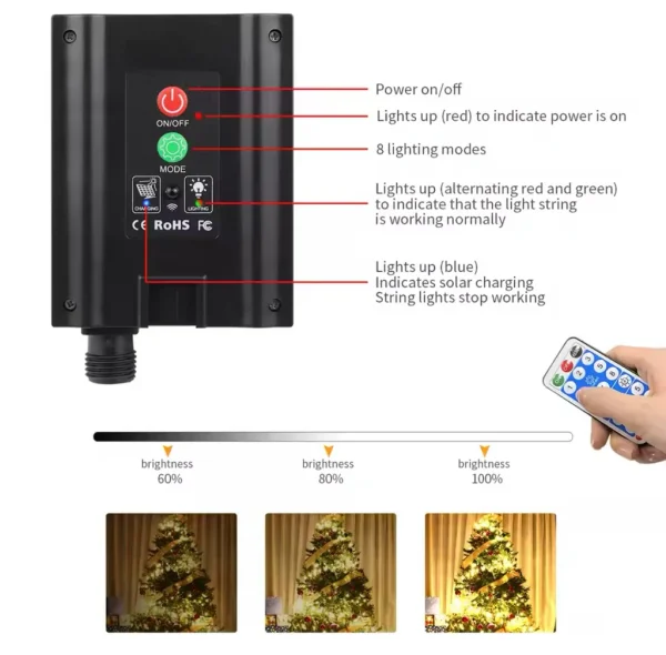 Instalație LED Crăciun 50M cu Panou Solar Lumini Multicolore RGB, 550 LED pentru Exterior și Interior, Rezistentă la Apă - imagine 8