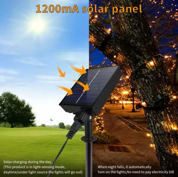 Instalație LED Crăciun 50M cu Panou Solar Lumini Multicolore RGB, 550 LED pentru Exterior și Interior, Rezistentă la Apă - imagine 9