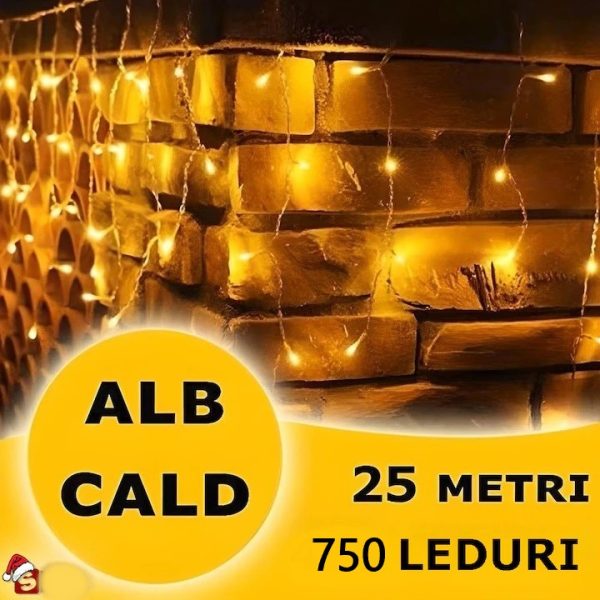Instalație LED franjuri tip turturi 25m, 750 LED alb cald, lumini de Crăciun pentru exterior și interior, rezistenta la umiditate si inghet - imagine 3