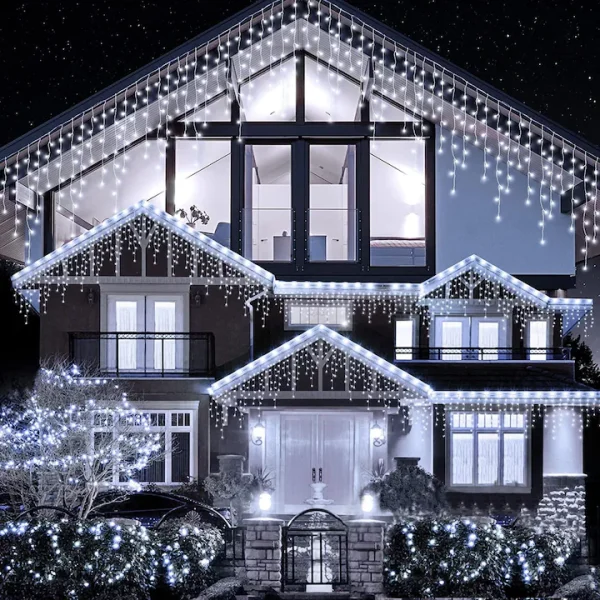 Instalație LED franjuri tip turturi 25m, 750 LED Lumina Alb rece, pentru exterior și interior, rezistenta la umiditate si inghet