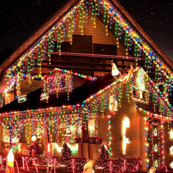 Instalație LED franjuri tip turturi 25m, 750 LED Multicolor, lumini de Crăciun pentru exterior și interior, rezistenta la umiditate si inghet