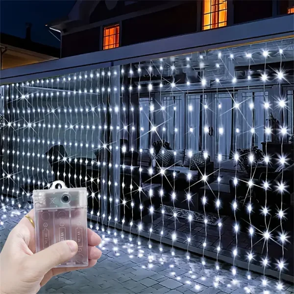 Instalatie LED tip perdea 5x2m, 600 Leduri, lumină alb rece, lumini de Crăciun pentru exterior și interior - imagine 4