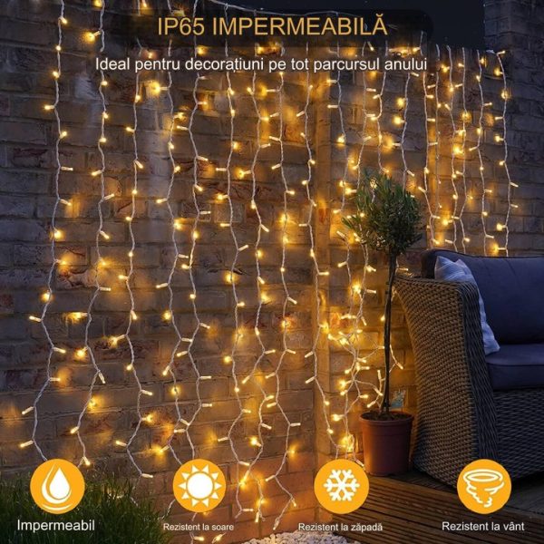 Instalatie LED tip perdea ploaie 5x2m, 600 Leduri, lumină alb cald, lumini de Crăciun pentru exterior și interior, rezistentă la umezeală și frig - imagine 2