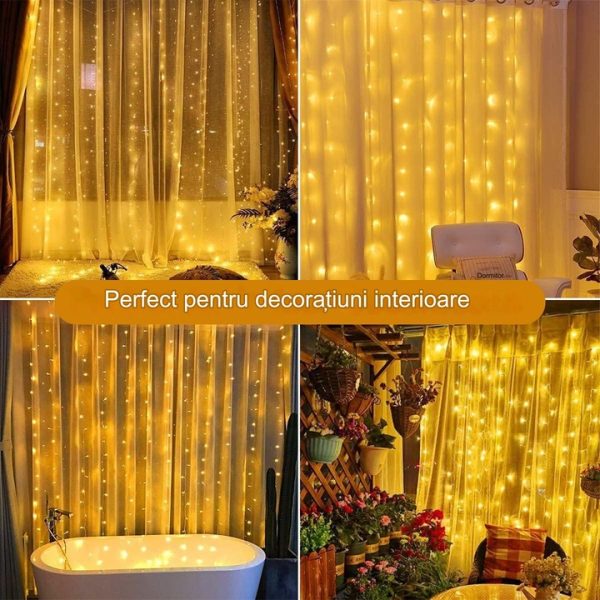 Instalatie LED tip perdea ploaie 5x2m, 600 Leduri, lumină alb cald, lumini de Crăciun pentru exterior și interior, rezistentă la umezeală și frig - imagine 6