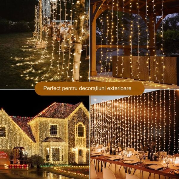 Instalatie LED tip perdea ploaie 5x2m, 600 Leduri, lumină alb cald, lumini de Crăciun pentru exterior și interior, rezistentă la umezeală și frig - imagine 4