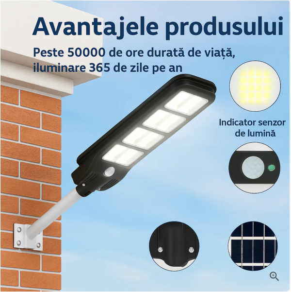 Lampă Solară Jortan 300W cu 6 Cadrane, Panou solar cu incarcare rapida, Telecomandă, Senzor de Mișcare, senzor  Lumină, Autonomie Mare, Stâlp Metalic Inclus - imagine 4