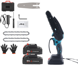 Mini Fierăstrău Electric tip drujba cu Lanț 550W, 2x Acumulatori 48V, 2x Lanțuri, Lamă 6 inch, Puternic și Portabil