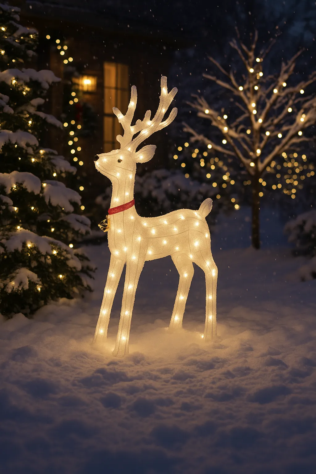 Ren Decorativ Luminos de Crăciun cu LED-uri Alb Cald, 8 jocuri luminoase, Exerior și Interior, 80x96 cm Figurina Acrilică cu Clopoțel și Guler Roșu Cablu alimentare 3m - imagine 3