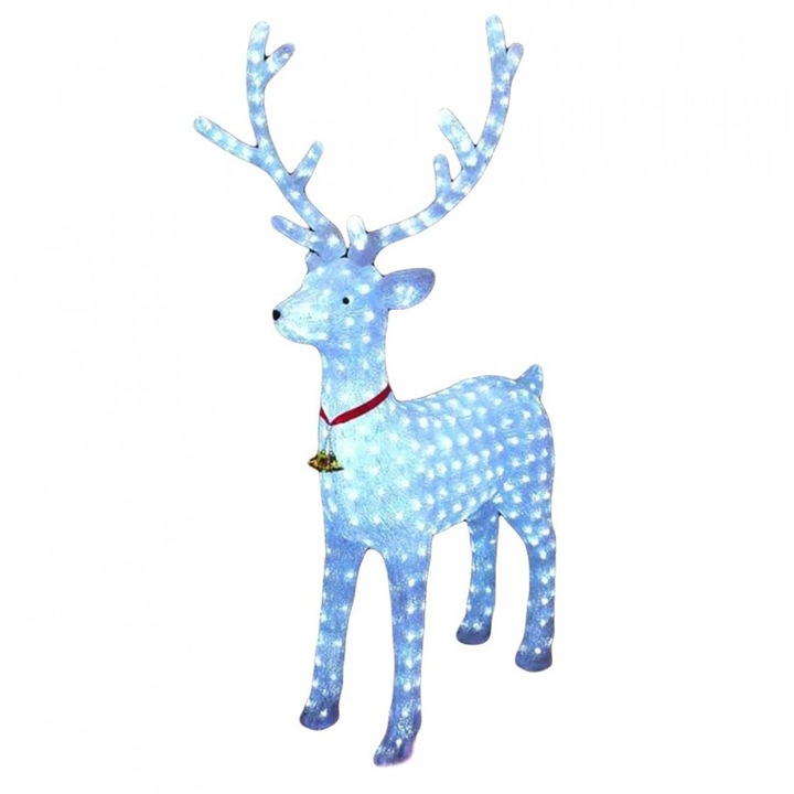 Ren Decorativ Luminos de Crăciun cu LED-uri Albe, 8 jocuri luminoase, Exterior și Interior, 130 cm Figurina Acrilică cu Clopoțel și Guler Roșu Cablu alimentare 3m - imagine 3