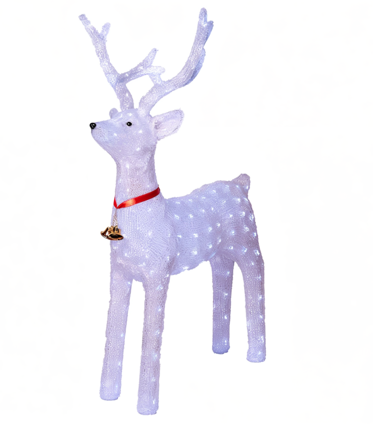 Ren Decorativ Luminos de Crăciun cu LED-uri Albe, 8 jocuri luminoase, Exterior și Interior, 130 cm Figurina Acrilică cu Clopoțel și Guler Roșu Cablu alimentare 3m - imagine 2