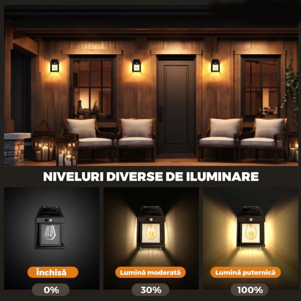 Set 3X Lampă Solară LED de Perete Tip Felinar Iluminat Exterior cu Senzor de Mișcare 8m, 3 Moduri Inteligente de lumina, Rezistență IP65, Fără Fir, Ideală pentru Curte și Grădină - imagine 11