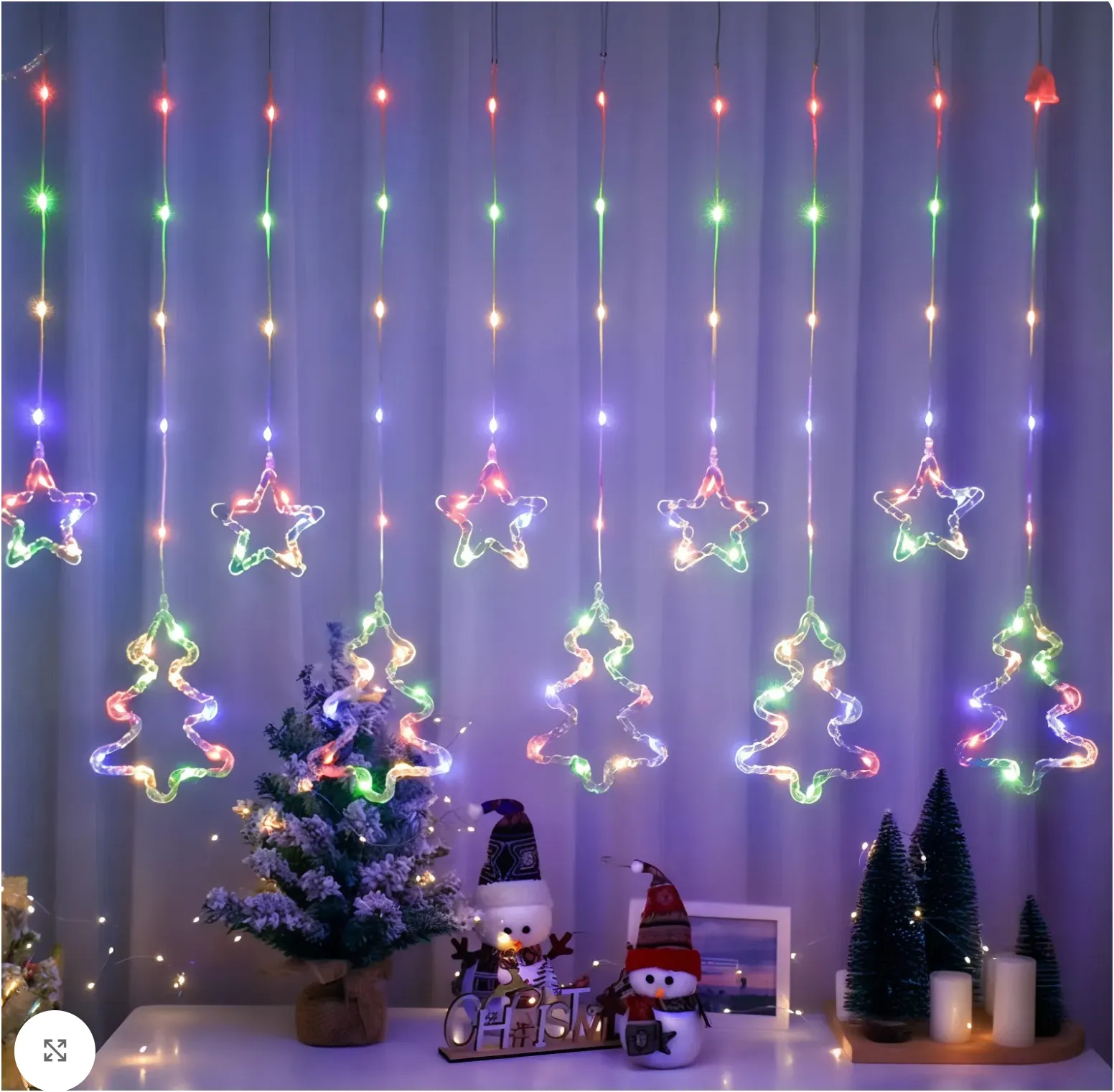 Instalație Luminoasă Crăciun Multicolor cu 12 Fire, Stele si Braduti LED, Decor Interior pentru Brad sau Fereastră