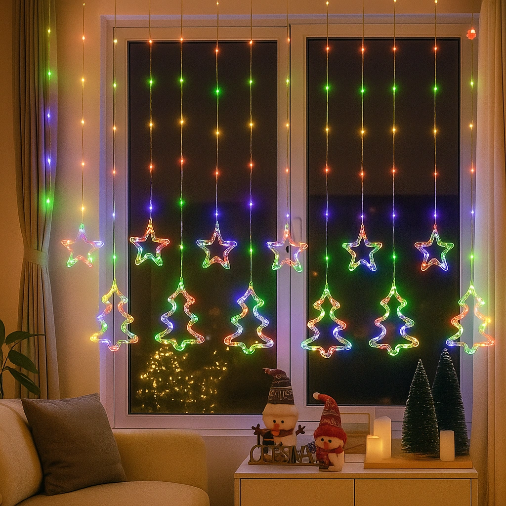 Instalație Luminoasă Crăciun Multicolor cu 12 Fire, Stele si Braduti LED, Decor Interior pentru Brad sau Fereastră - imagine 2