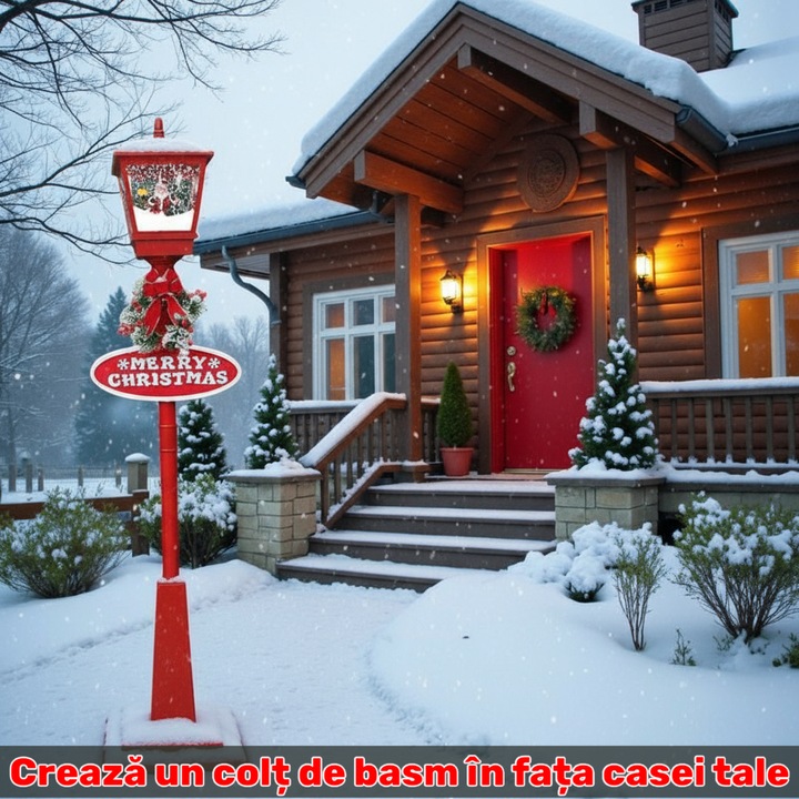 Felinar Decorativ de Crăciun cu Efect de Zăpadă și Mesaj Merry Christmas, iluminat LED Alb-cald 106x31x21 cm, Ideal pentru Interior si exterior - imagine 6