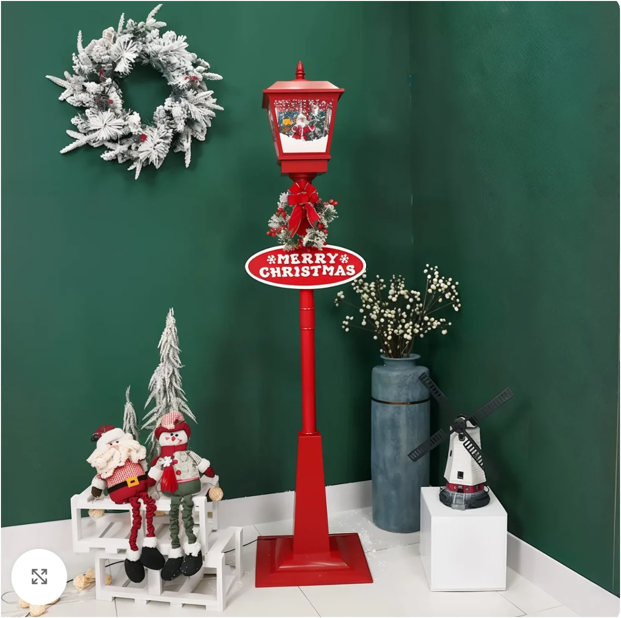 Felinar Decorativ de Crăciun cu Efect de Zăpadă și Mesaj Merry Christmas, iluminat LED Alb-cald 106x31x21 cm, Ideal pentru Interior si exterior - imagine 2