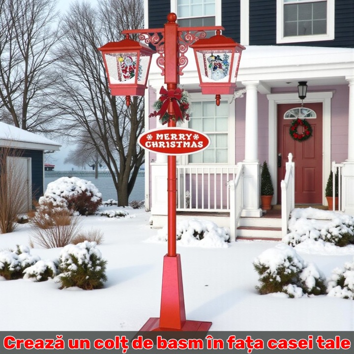 Felinar decorativ de Crăciun LED cu zăpadă în mișcare, Om de Zăpadă si Moș Crăciun 81x40x188 cm interior și exterior, Rosu - imagine 6