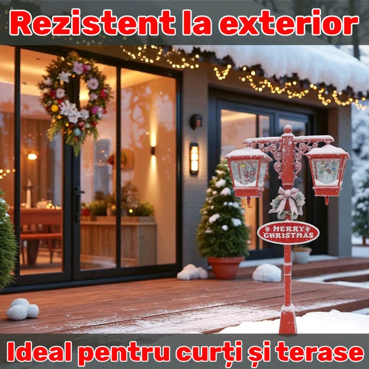 Felinar decorativ de Crăciun LED cu zăpadă în mișcare, Om de Zăpadă si Moș Crăciun 81x40x188 cm interior și exterior, Rosu - imagine 4