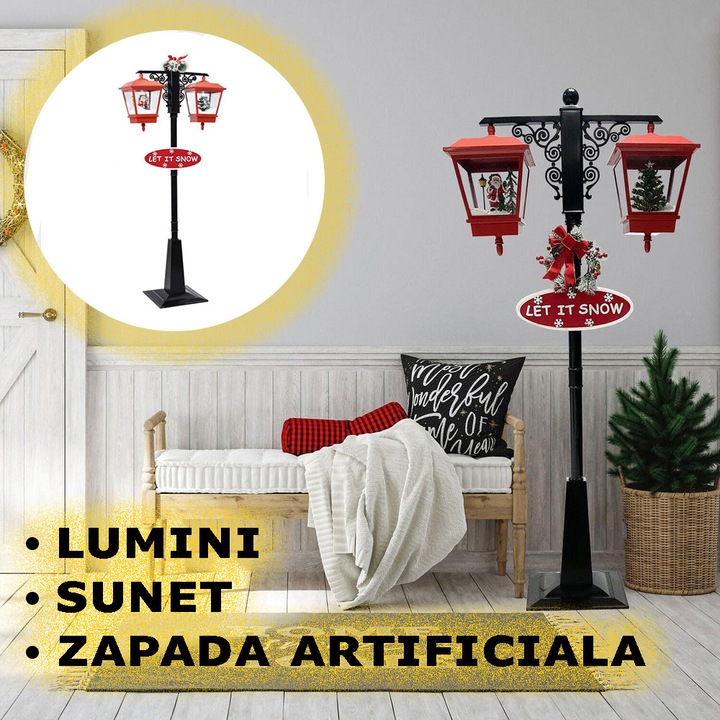 Felinar decorativ de Crăciun LED cu zăpadă în mișcare, Om de Zăpadă si Moș Crăciun 81x40x188 cm interior și exterior, Rosu - imagine 5