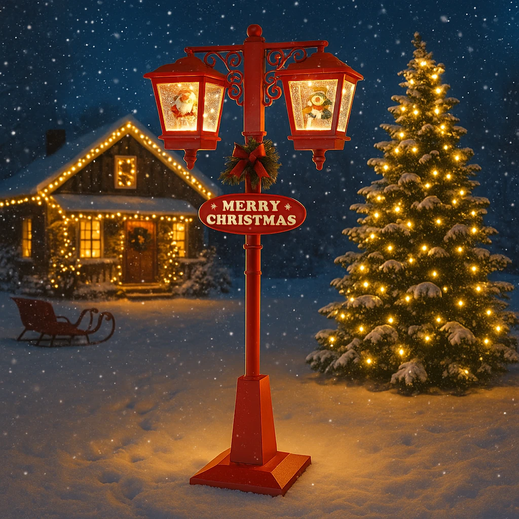 Felinar decorativ de Crăciun LED cu zăpadă în mișcare, Om de Zăpadă si Moș Crăciun 81x40x188 cm interior și exterior, Rosu - imagine 2