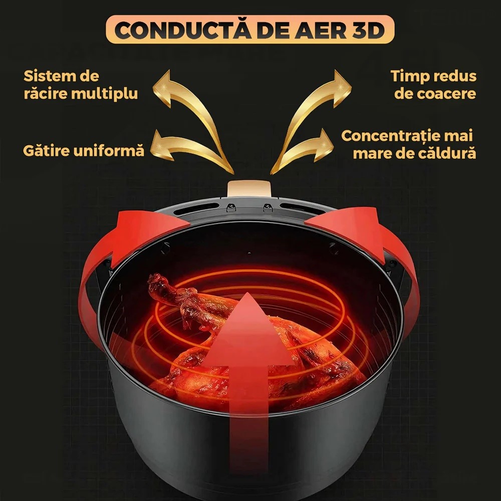 Friteuză cu aer cald 6L fără ulei, cu ecran digital tactil, 360° circulație aer, Air Fryer multifuncțional, 2400W - imagine 3