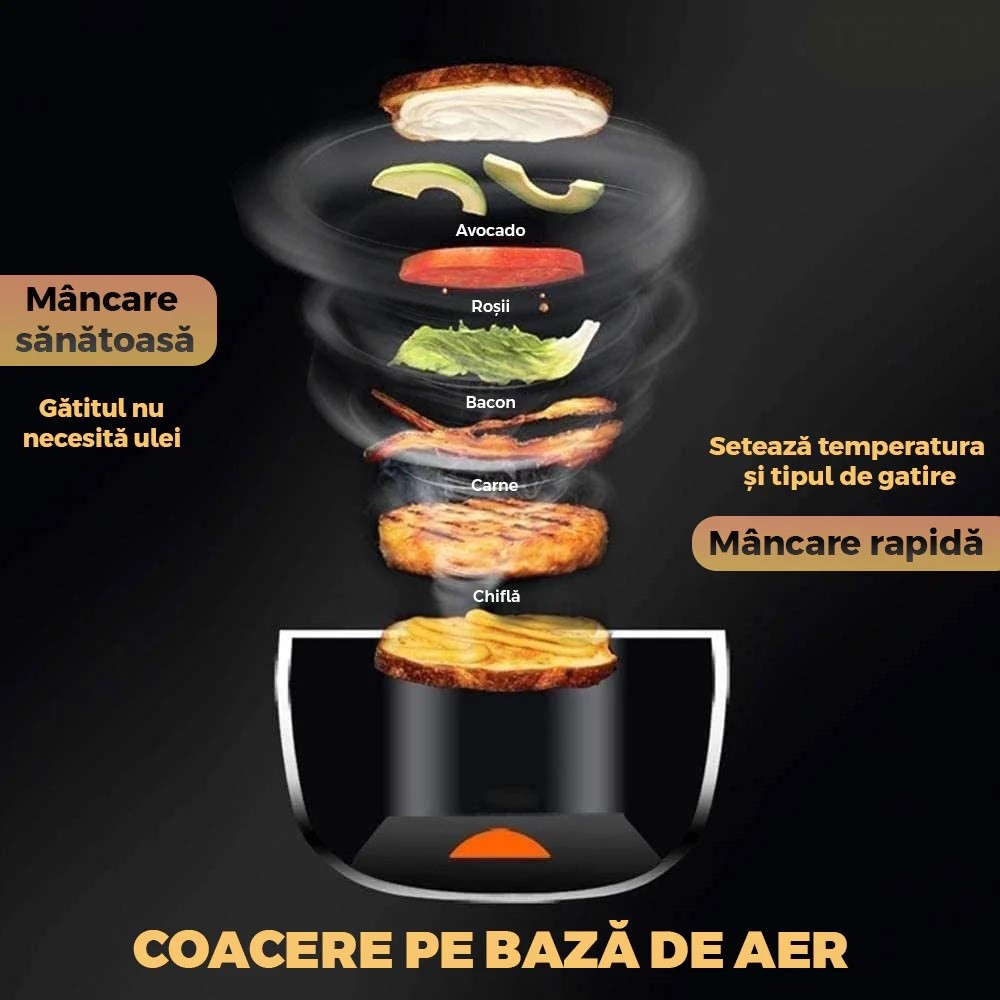 Friteuză cu aer cald 6L fără ulei, cu ecran digital tactil, 360° circulație aer, Air Fryer multifuncțional, 2400W - imagine 5