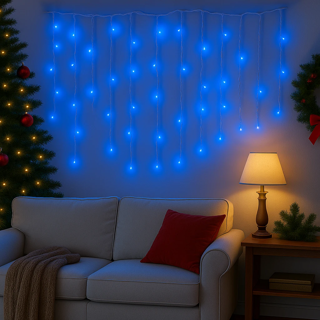 Instalație LED Franjuri inegale 12×0.7m Fir gros, Lumina Albastra, Interconectabila, pentru Exterior și Interior, Decor Crăciun - imagine 4