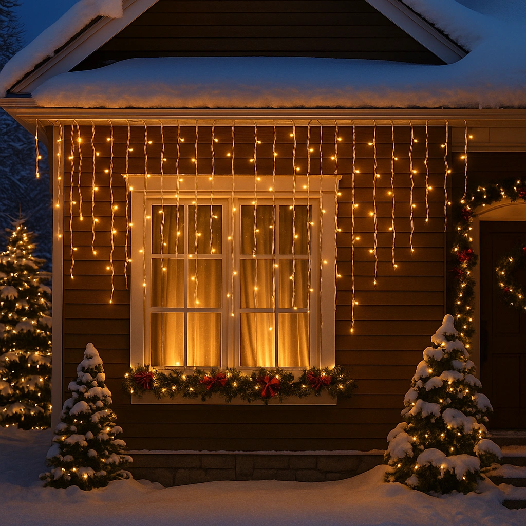 Instalație LED Franjuri inegale 12×0.7m Fir gros, Interconectabila Lumina Calda, pentru Exterior și Interior, Decor Crăciun - imagine 2