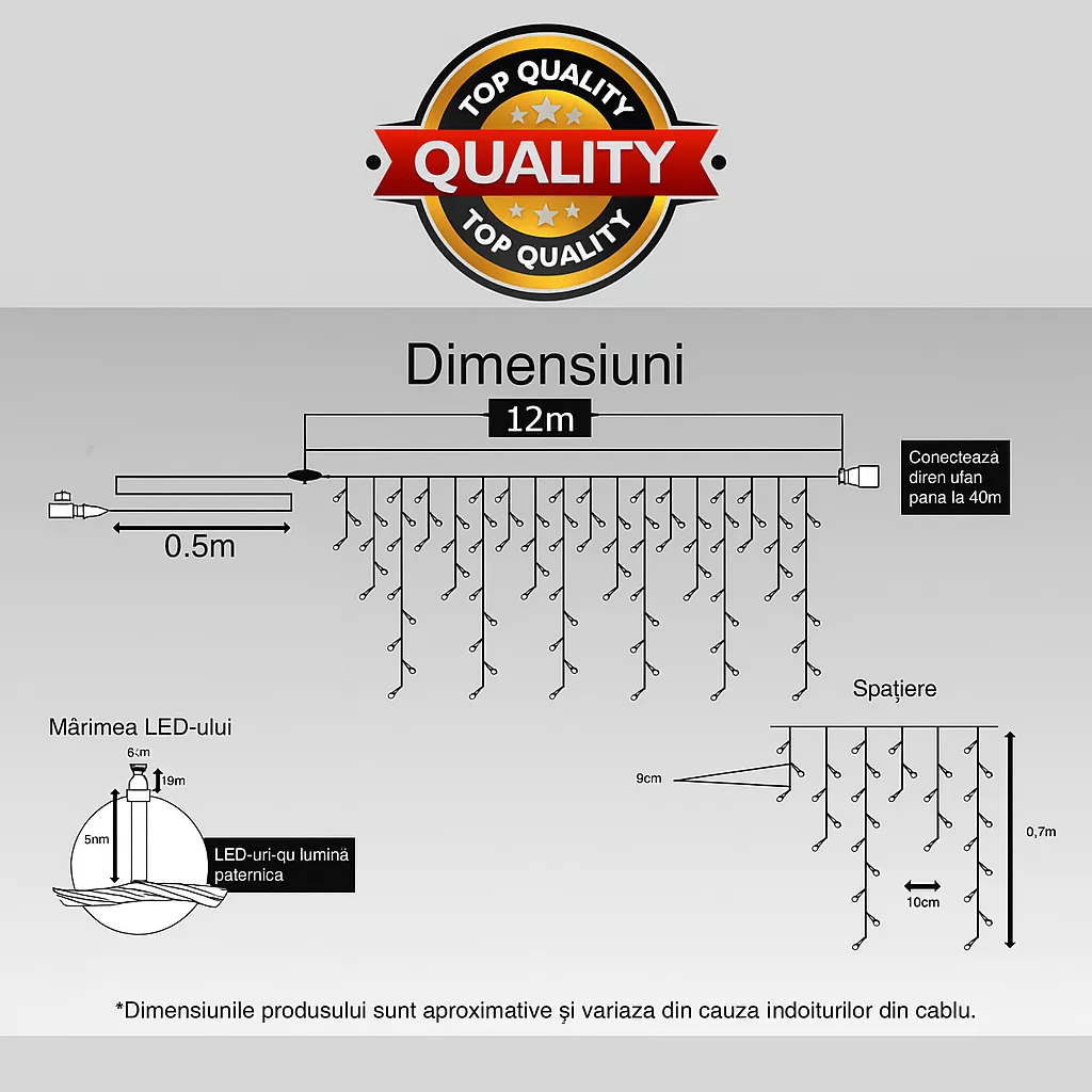 Instalație LED Franjuri inegale 12×0.7m Fir gros, Interconectabila Lumina Calda, pentru Exterior și Interior, Decor Crăciun - imagine 3
