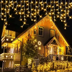 Instalație LED Franjuri 20m Fir gros, Alb cald Interconectabila 500 Led-uri, pentru Exterior și Interior, Decor Crăciun Elegant