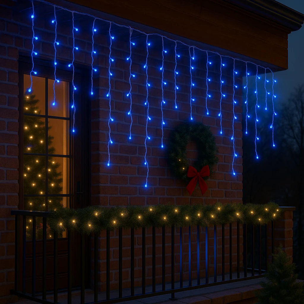 Instalație LED Franjuri inegale 6x0.7m Fir gros, Lumina Albastra pentru Exterior și Interior, Decor Crăciun - imagine 2
