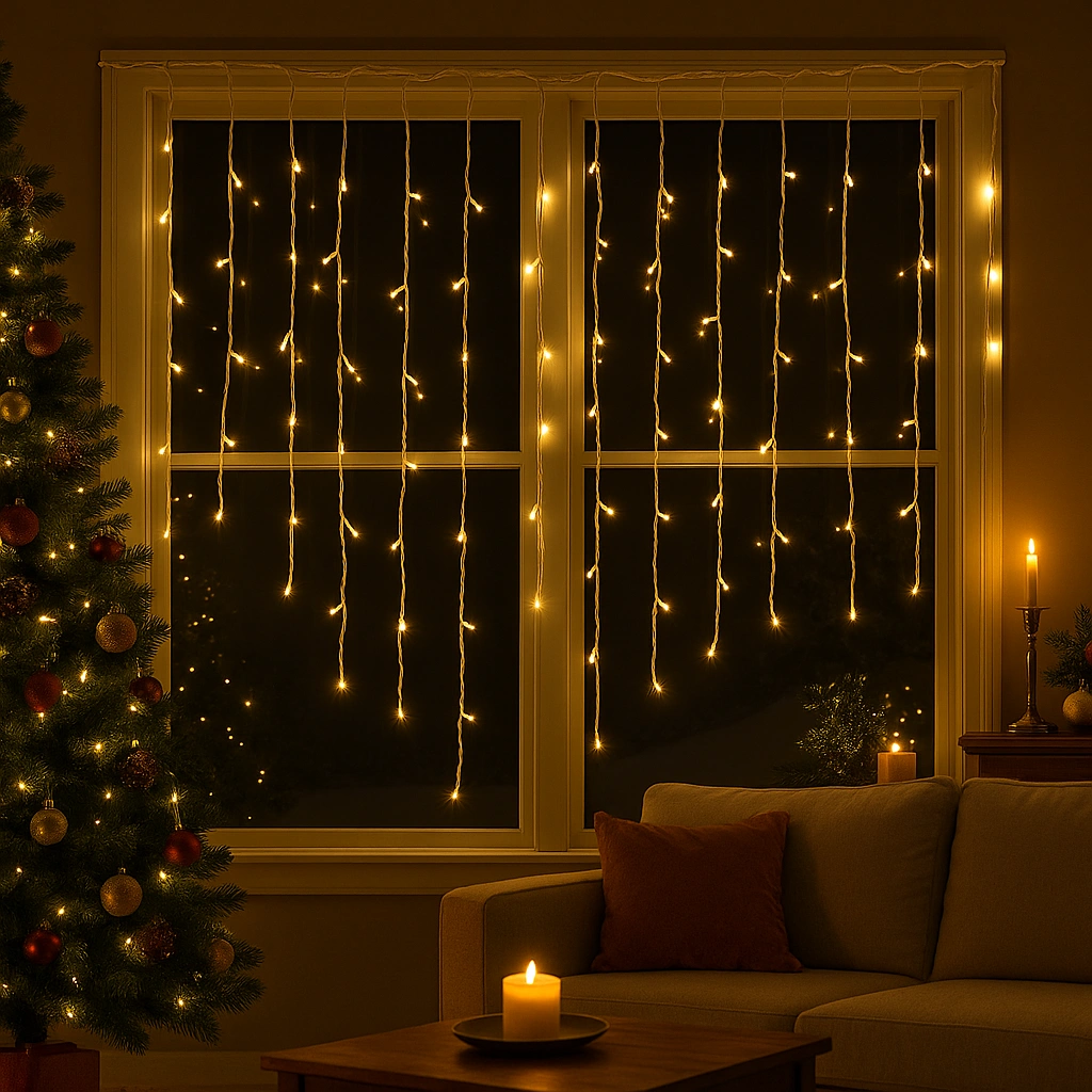 Instalație LED Franjuri inegale 6x0.7m Fir gros, Lumina Caldă pentru Exterior și Interior, Decor Crăciun Elegant - imagine 3