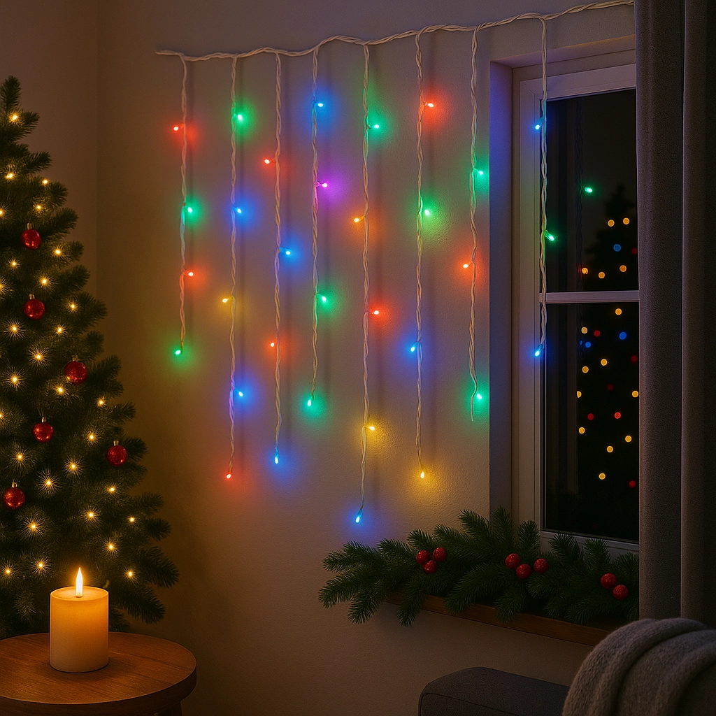 Instalație LED Franjuri inegale 6x0.7m Fir gros, Multicolor pentru Exterior și Interior, Decor Crăciun Elegant - imagine 4